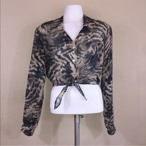Vintage Animal Leopard Print Tie Front Blouse L